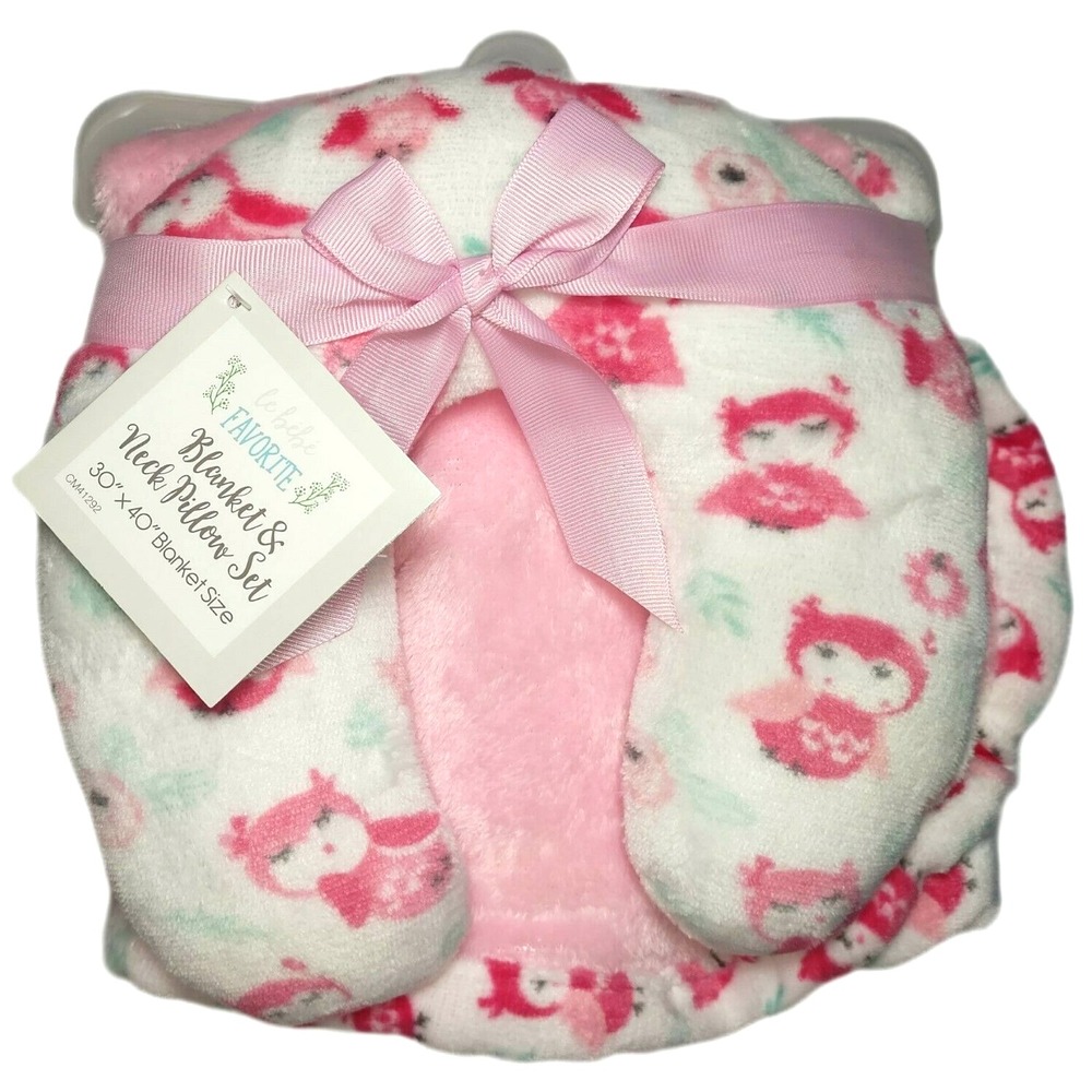 Le Bebe Favorites Pink OWL 2pc Baby Blanket Neck Support Pillow‎ Plush Set White
